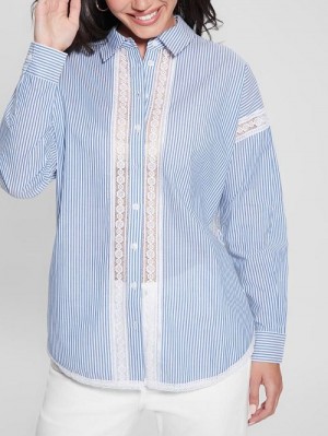 Guess Abigail Striped Lace Trim Shirt Albastri | GUESS-SN27550