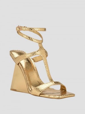 Guess Bacio Metallic T-Strap Wedge Heels Aurii | GUESS-SN29693
