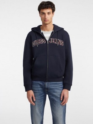 Guess Chenille Patch Zip-Up Hoodie Albastri | GUESS-SN30784