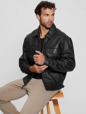 Guess Distressed Leather Flight Jacket Negrii | GUESS-SN30882