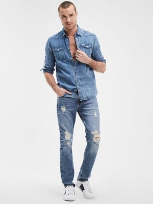 Guess Distressed Tapered Jeans Albastri | GUESS-SN30353