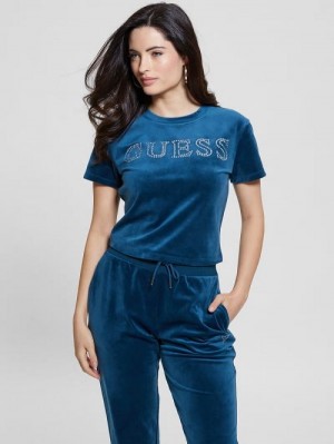 Guess Eco Couture Velvet Logo Tee Albastri | GUESS-SN28368
