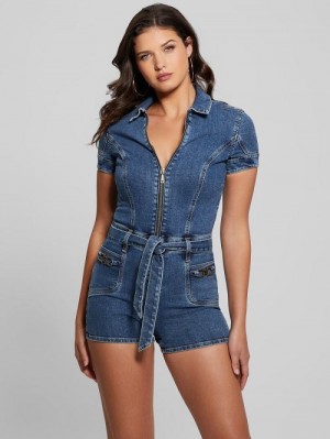 Guess Eco Deana Belted Denim Romper Albastri | GUESS-SN26686