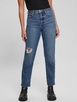 Guess Eco Distressed Mom Jeans Albastri | GUESS-SN26592