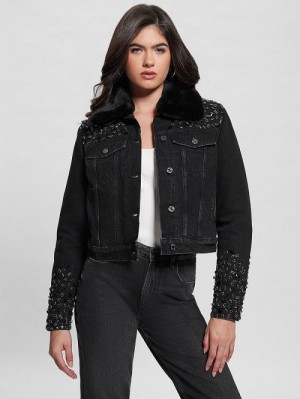 Guess Eco Doria Shearling Collar Denim Jacket Negrii | GUESS-SN27882