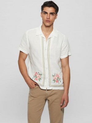 Guess Eco Embroidered Island Linen Shirt Albi | GUESS-SN31219