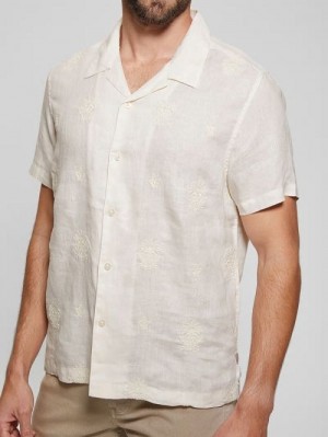 Guess Eco Embroidered Motif Linen Shirt Albi | GUESS-SN31268