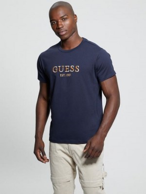 Guess Eco Embroidered Signature Tee Albastri | GUESS-SN30655