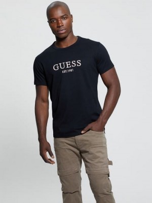 Guess Eco Embroidered Signature Tee Negrii | GUESS-SN30631