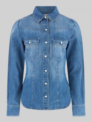 Guess Eco Equity Rhinestone Pocket Denim Shirt Albastri | GUESS-SN26584