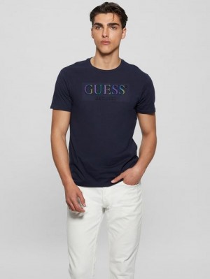 Guess Eco Iridescent Signature Tee Albastri | GUESS-SN30662
