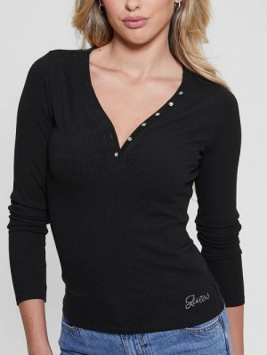 Guess Eco Kyla Rib Henley Tee Negrii | GUESS-SN27545