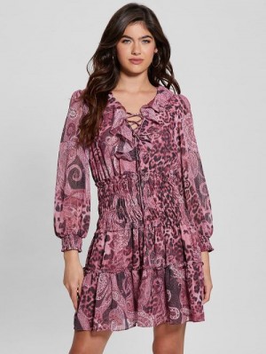 Guess Eco Lucy Lace-Up Flared Dress Violet | GUESS-SN26891