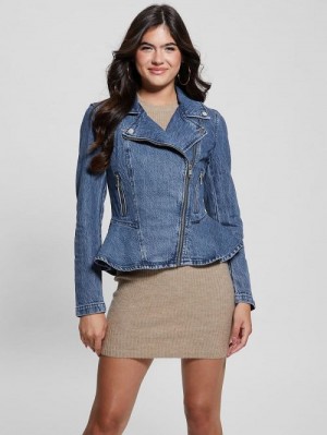 Guess Eco Mac Denim Peplum Moto Jacket Albastri | GUESS-SN26696