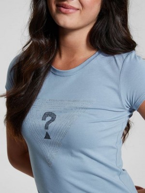 Guess Eco Maze Rhinestone Triangle Logo Tee Albastri | GUESS-SN27618