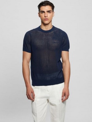 Guess Eco Mesh Lenny Crewneck Tee Albastri | GUESS-SN30627
