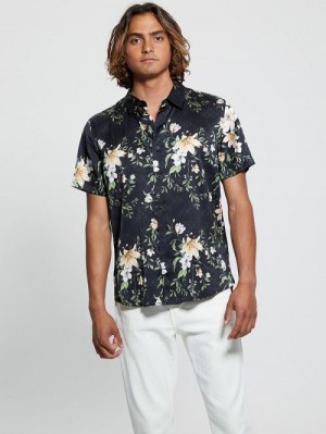 Guess Eco Midnight Lily Shirt Negrii Albi | GUESS-SN31283