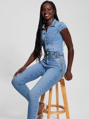 Guess Eco Nova Belted Denim Jumpsuit Albastri | GUESS-SN26690