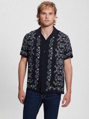 Guess Eco Royal Scroll Shirt Negrii Albi | GUESS-SN31198