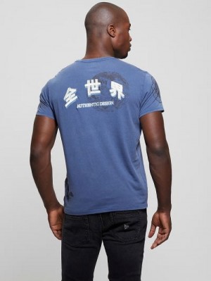 Guess Eco Tokyo Stamps Tee Albastri | GUESS-SN30472