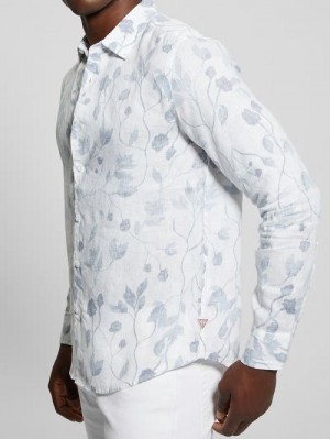 Guess Eco Watercolor Vines Linen Shirt Albastri | GUESS-SN31246