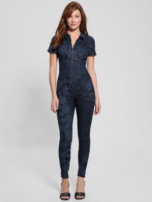 Guess Eco Yuri Printed Denim Jumpsuit Albastri | GUESS-SN26689