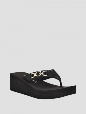 Guess Edany Denim G Buckle Wedge Sandals Negrii | GUESS-SN29712