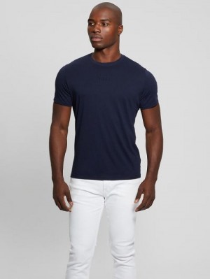 Guess Embroidered Signature Tee Albastri | GUESS-SN30683