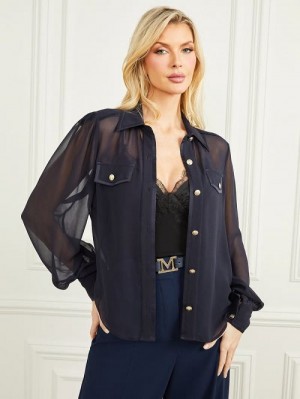 Guess Emily Sheer Shirt Albastri | GUESS-SN27228
