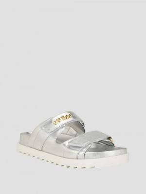 Guess Fabulon Two-Strap Slides Argintii | GUESS-SN29703