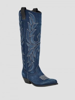 Guess Ginnifer Knee High Denim Cowboy Boots Albastri | GUESS-SN29928