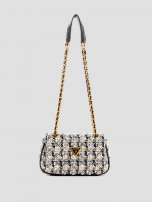 Guess Giully Tweed Mini Convertible Crossbody Negrii Albi | GUESS-SN28828