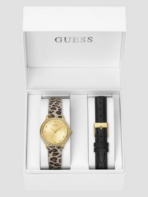 Guess Gold-Tone Crystal Analog Watch with Black Leather Strap Aurii | GUESS-SN29961