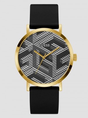 Guess Gold-Tone and Black Printed G-Cube Analog Watch Negrii | GUESS-SN31606