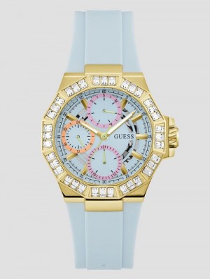 Guess Gold-Tone and Blue Silicone Multifunction Watch Albastri | GUESS-SN29996