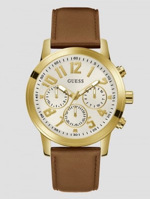 Guess Gold-Tone and Brown Leather Multifunction Watch Aurii | GUESS-SN31655
