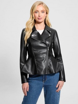 Guess Ivy Faux-Leather Peplum Moto Jacket Negrii | GUESS-SN28079