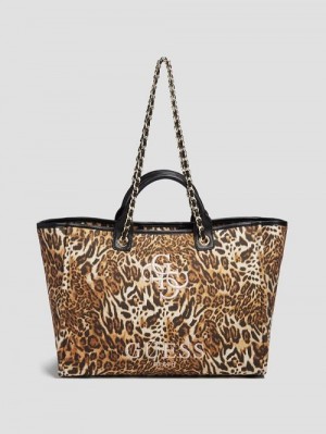 Guess Leopard Canvas Beach Tote Maro | GUESS-SN29378