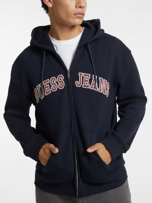 Guess Logo Patch Zip-Up Hoodie Albastri | GUESS-SN30926