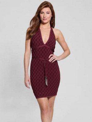 Guess Lucia Belted Wavy Sweater Dress Rosii | GUESS-SN27045