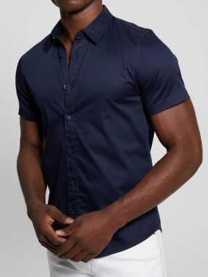 Guess Luxe Stretch Short-Sleeve Shirt Albastri | GUESS-SN31266