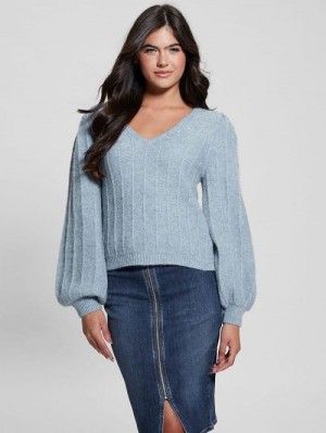 Guess Madeline Textured V-Neck Sweater Albastri | GUESS-SN27766