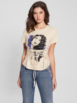 Guess Manga Girl Lace-Up Tee Bej | GUESS-SN27361
