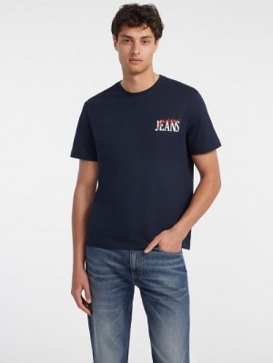 Guess Mixed Chest Logo Tee Albastri | GUESS-SN30513