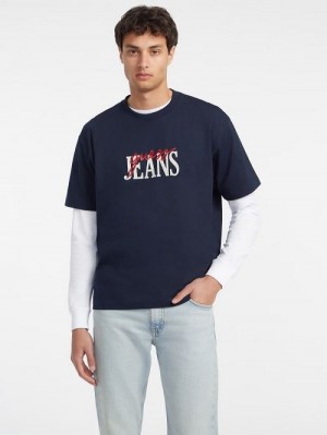 Guess Mixed Logo Tee Albastri | GUESS-SN30489