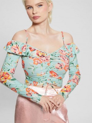 Guess Off-the-Shoulder Ruffle Shaina Top Albastri | GUESS-SN27087