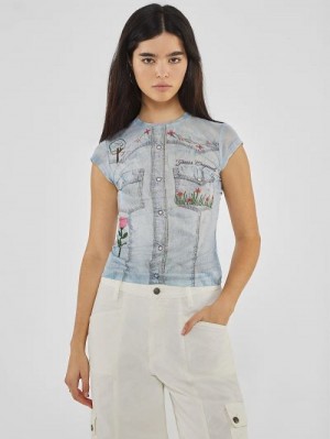 Guess Originals Printed Denim Mesh Top Albastri | GUESS-SN27120