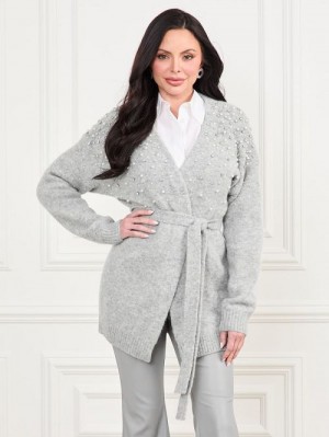 Guess Sibilla Belted Embellished Cardigan Gri | GUESS-SN27940