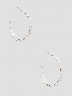 Guess Silver-Tone Baguette Hoop Earrings Argintii | GUESS-SN30316