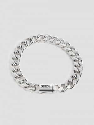 Guess Silver-Tone Curb Chain Logo Bracelet Argintii | GUESS-SN31836
